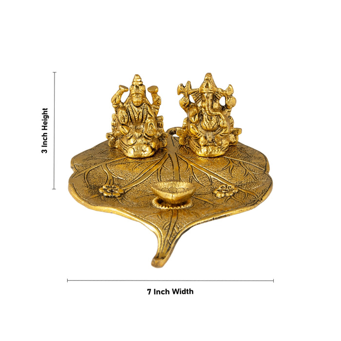 Ganesh Lakshmi Murti With Leaf Design Plate - 3 x 7 Inches | Aluminium&Gold Polish Ganpati Laxmi Idol &Deep for Pooja