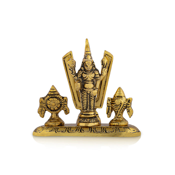 Metal Balaji Murti With Namam Shanku Chakram - 3 x 3.5 Inches | Gold Polish Perumal Statue With Base for Home