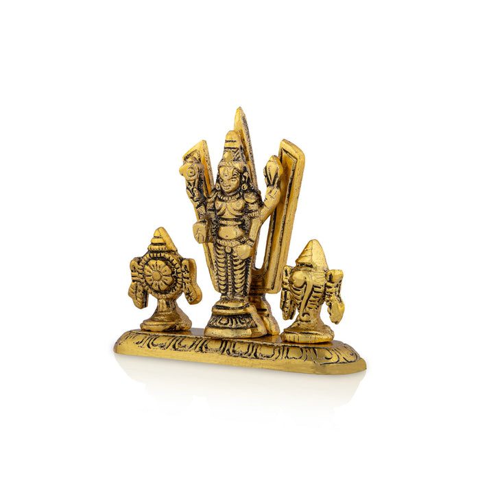 Metal Balaji Murti With Namam Shanku Chakram - 3 x 3.5 Inches | Gold Polish Perumal Statue With Base for Home