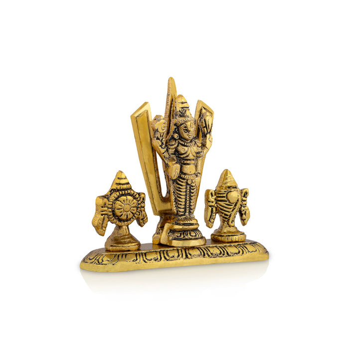 Metal Balaji Murti With Namam Shanku Chakram - 3 x 3.5 Inches | Gold Polish Perumal Statue With Base for Home