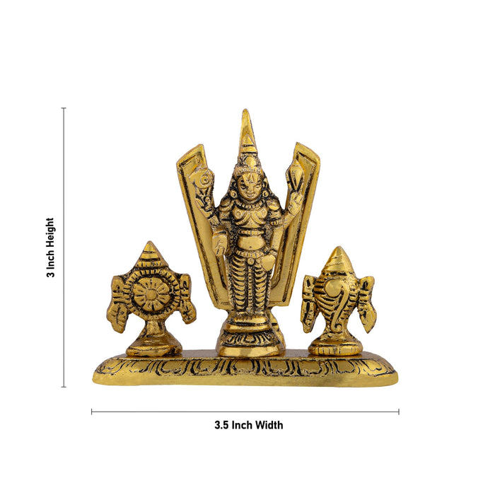 Metal Balaji Murti With Namam Shanku Chakram - 3 x 3.5 Inches | Gold Polish Perumal Statue With Base for Home
