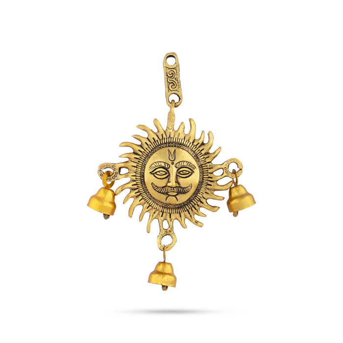 Sun Wall Hanging With Bell - 5.5 x 5 Inches | Gold Polish Sun Face Wall Hanger/ Metal Wall Decoration for Home
