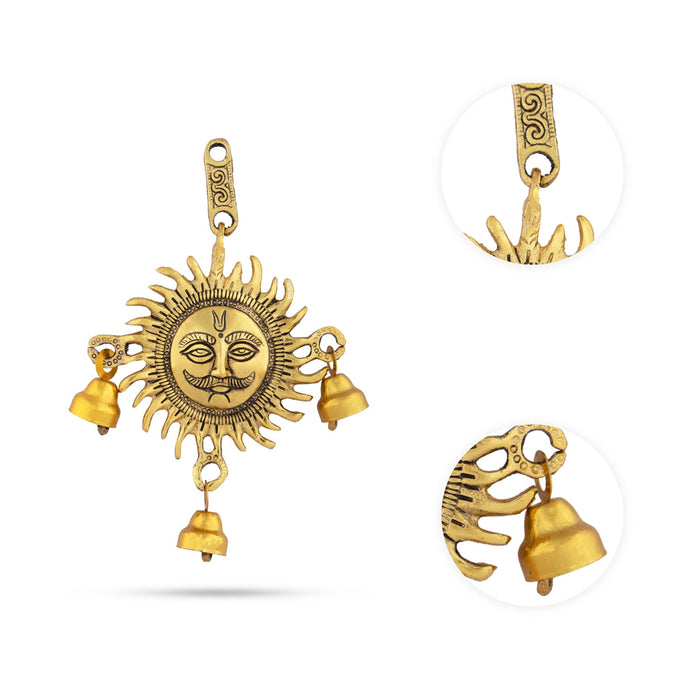 Sun Wall Hanging With Bell - 5.5 x 5 Inches | Gold Polish Sun Face Wall Hanger/ Metal Wall Decoration for Home