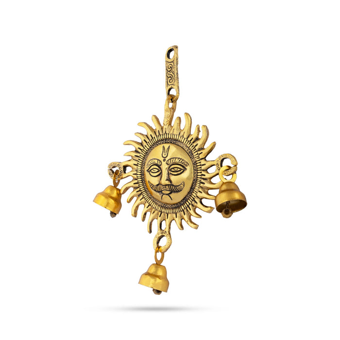 Sun Wall Hanging With Bell - 5.5 x 5 Inches | Gold Polish Sun Face Wall Hanger/ Metal Wall Decoration for Home