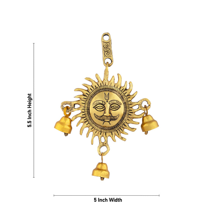 Sun Wall Hanging With Bell - 5.5 x 5 Inches | Gold Polish Sun Face Wall Hanger/ Metal Wall Decoration for Home