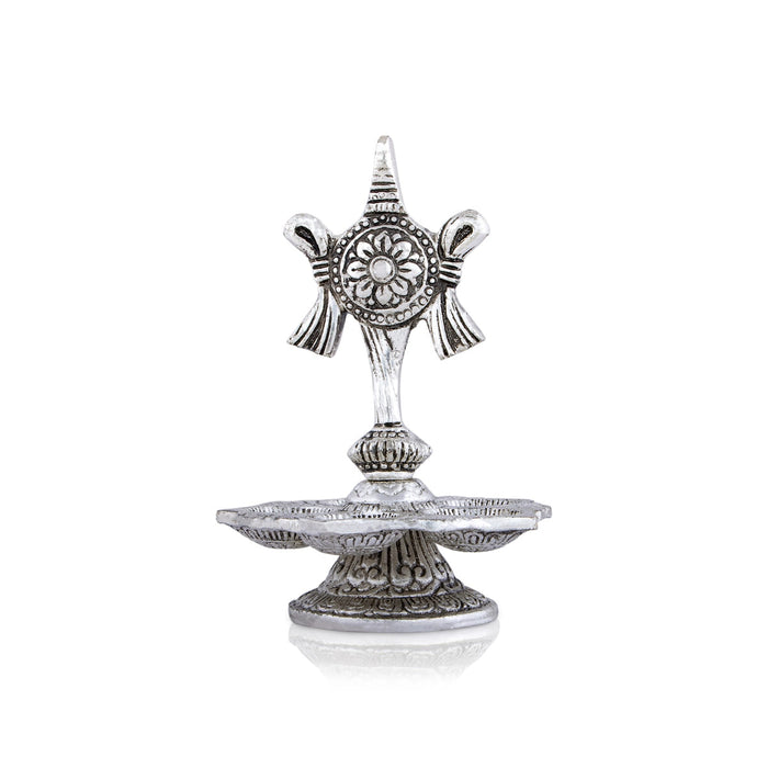 5 Face Deepam With Base - 5.5 x 3.5 Inches | Silver Polish Vilakku/ Metal Shanku Chakra Design Lamp for Pooja