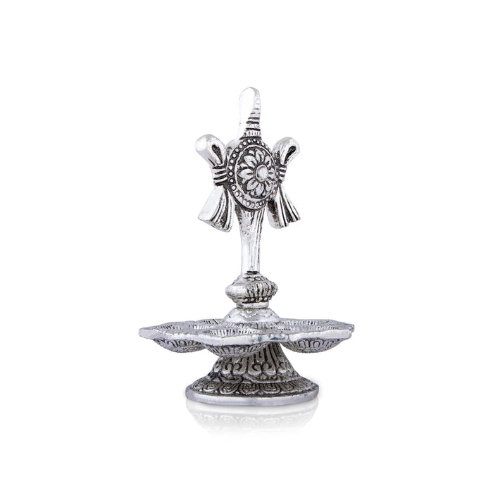 5 Face Deepam With Base - 5.5 x 3.5 Inches | Silver Polish Vilakku/ Metal Shanku Chakra Design Lamp for Pooja