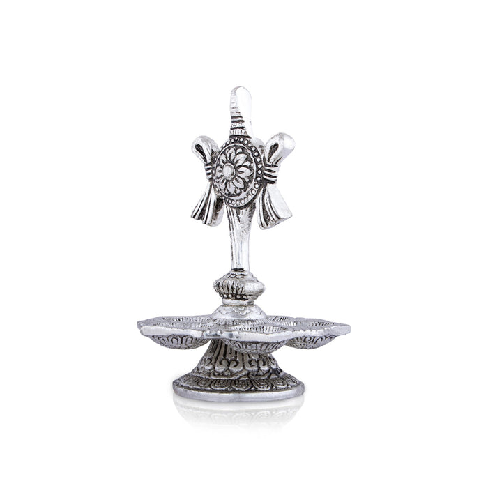 5 Face Deepam With Base - 5.5 x 3.5 Inches | Silver Polish Vilakku/ Metal Shanku Chakra Design Lamp for Pooja