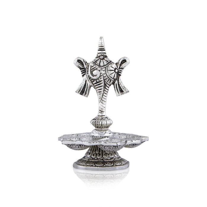 5 Face Deepam With Base - 5.5 x 3.5 Inches | Silver Polish Vilakku/ Metal Shanku Chakra Design Lamp for Pooja