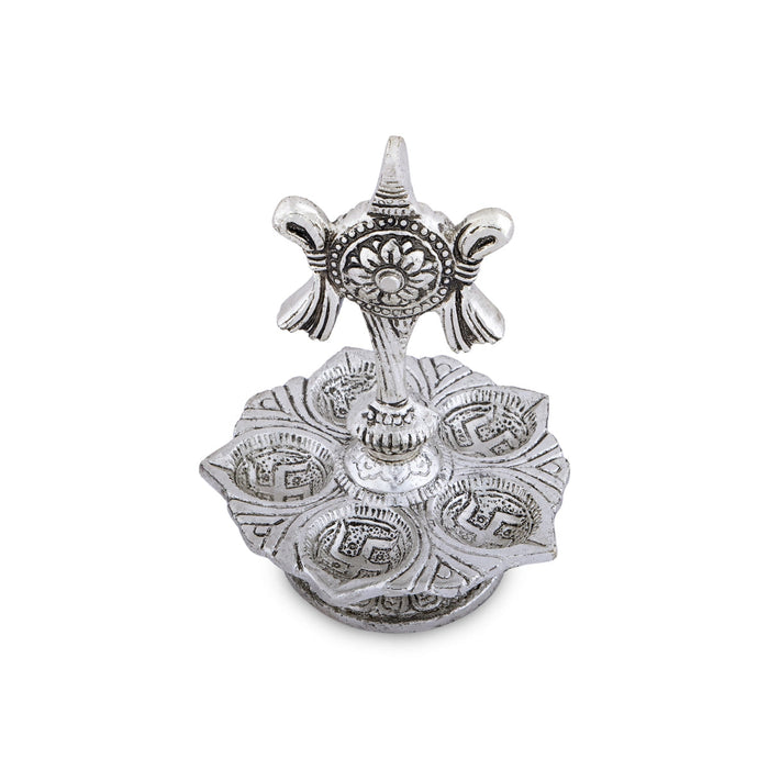 5 Face Deepam With Base - 5.5 x 3.5 Inches | Silver Polish Vilakku/ Metal Shanku Chakra Design Lamp for Pooja