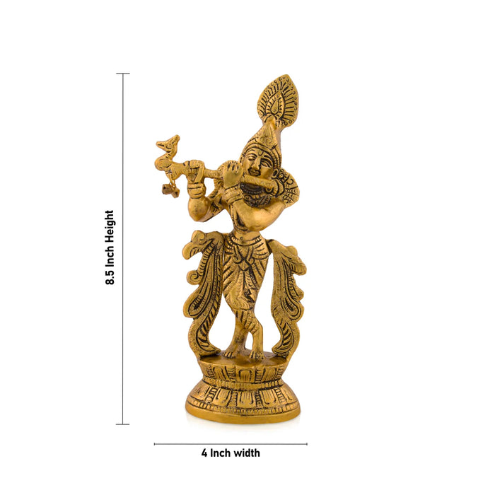 Sri Krishna Idol - 8.5 x 4 Inches | Gold Polish Statue/ Aluminium Kannan Statue for Pooja