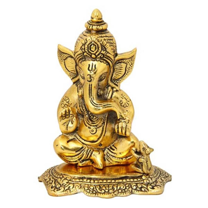 Ganesh Murti with Mouse - 7 Inches | Aluminium Vinayagar/ Gold Polish Ganapati Statue for Pooja