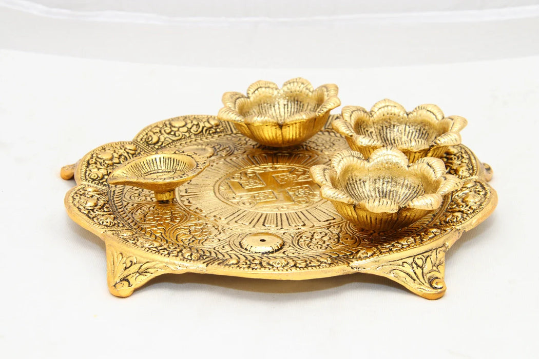 Pooja Thali with 4 Deep - 1 x 7.5 Inches | Aluminium 4 Lamp Thali Plate/ Gold Polish Diya Plate for Pooja