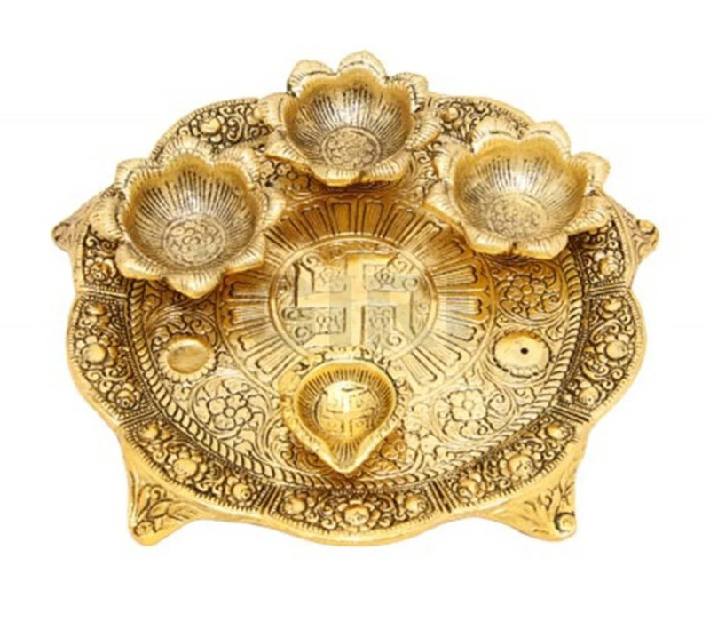 Pooja Thali with 4 Deep - 1 x 7.5 Inches | Aluminium 4 Lamp Thali Plate/ Gold Polish Diya Plate for Pooja