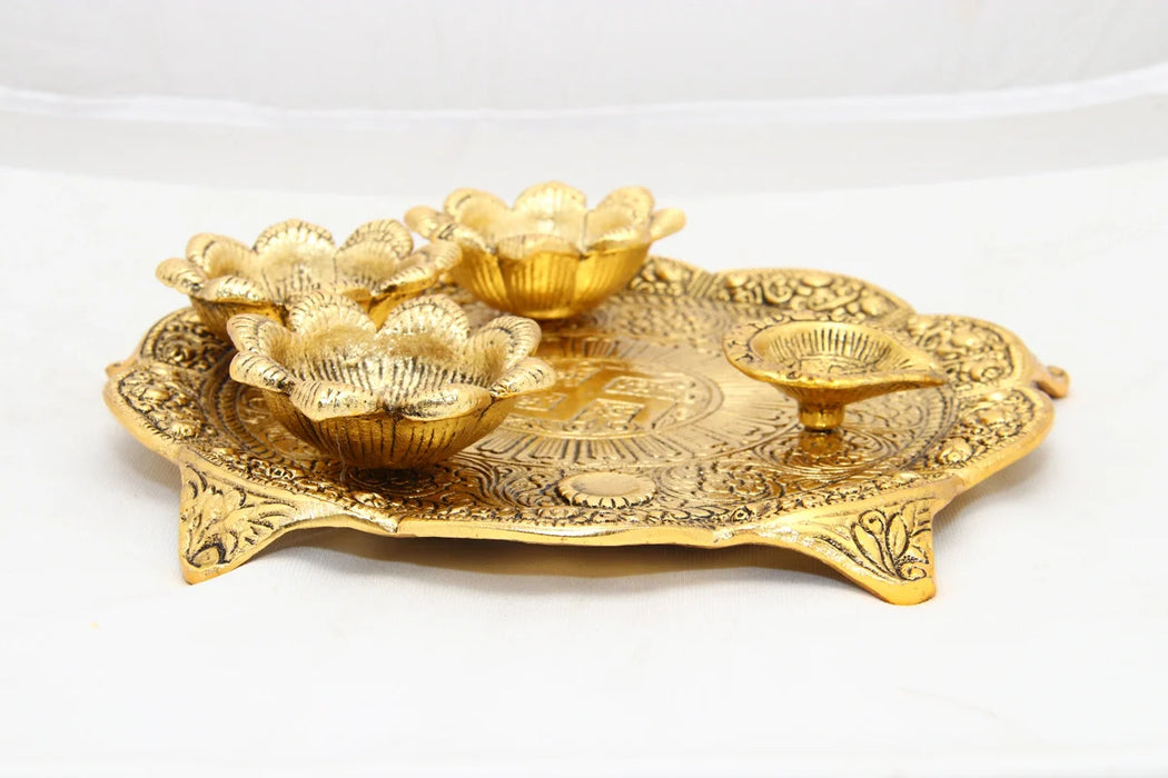 Pooja Thali with 4 Deep - 1 x 7.5 Inches | Aluminium 4 Lamp Thali Plate/ Gold Polish Diya Plate for Pooja