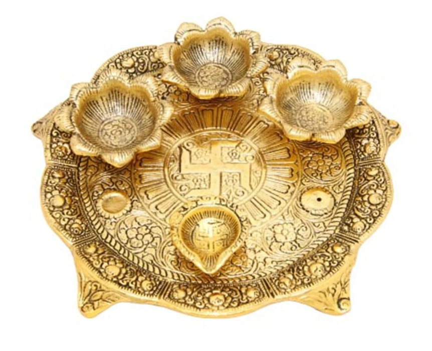 Pooja Thali with 4 Deep - 1 x 7.5 Inches | Aluminium 4 Lamp Thali Plate/ Gold Polish Diya Plate for Pooja