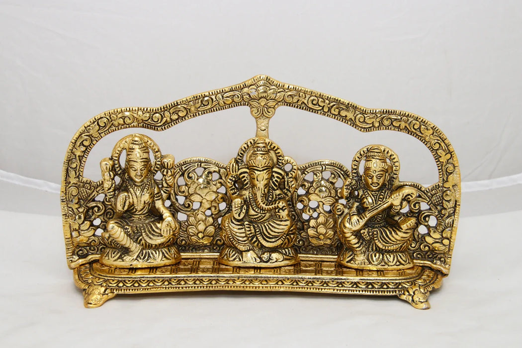 Laksmi Ganesh Saraswati Idol with Arch - 5 x 9.5 Inches | Gold Polish Murti/ Aluminium Statue for Home