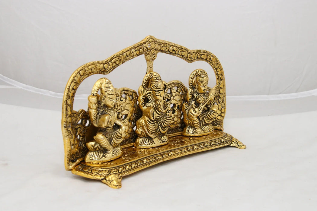 Laksmi Ganesh Saraswati Idol with Arch - 5 x 9.5 Inches | Gold Polish Murti/ Aluminium Statue for Home