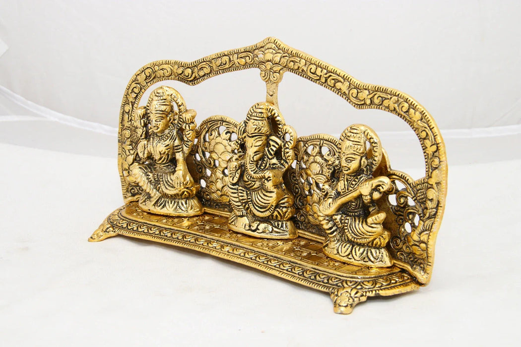 Laksmi Ganesh Saraswati Idol with Arch - 5 x 9.5 Inches | Gold Polish Murti/ Aluminium Statue for Home