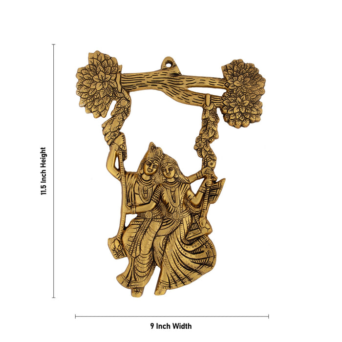 Metal Radha Krishna Murti Oonjal Wall Hanging - 11.5 x 9 Inches | Gold Antique Polish Radha Krishna With Tree