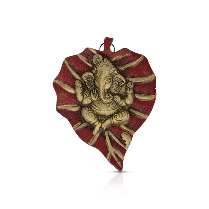 Leaf Ganesh Murti Wall Hanging- 5 x 3.5 Inches | Aluminium/Gold Polish Ganpati Murti Wall Hanger for Home