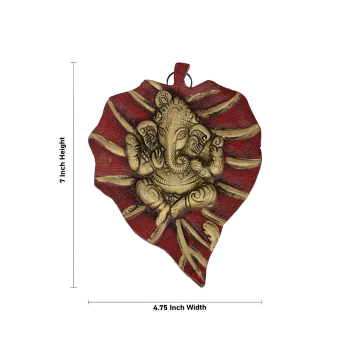 Leaf Ganesh Murti Wall Hanging- 5 x 3.5 Inches | Aluminium/Gold Polish Ganpati Murti Wall Hanger for Home