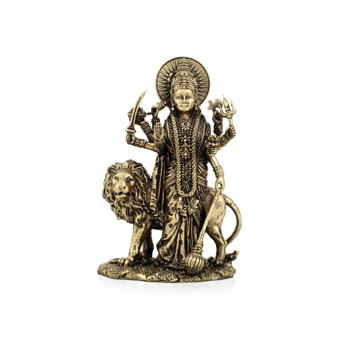 Durga With Lion - 5 x 3.5 Inches | Brass Idol/ Durga Murti/ Standing Durga Idol With 8 Hands for Pooja