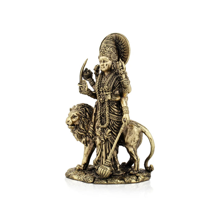 Durga With Lion - 5 x 3.5 Inches | Brass Idol/ Durga Murti/ Standing Durga Idol With 8 Hands for Pooja