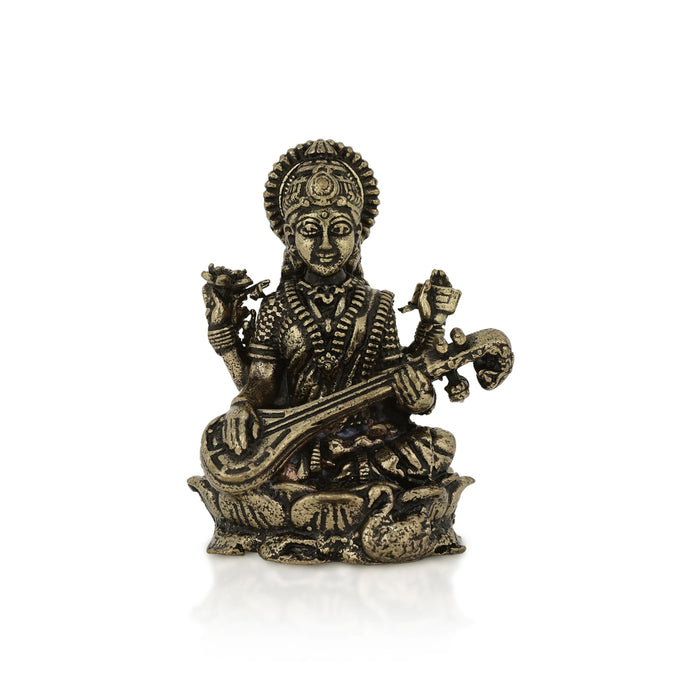 Saraswathi Sitting On Lotus Base Murti - 1 x 0.75 Inches | Brass Idol / Saraswati Devi Statue For Pooja