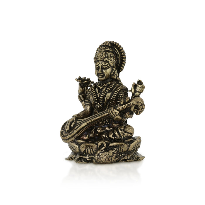 Saraswathi Sitting On Lotus Base Murti - 1 x 0.75 Inches | Brass Idol / Saraswati Devi Statue For Pooja