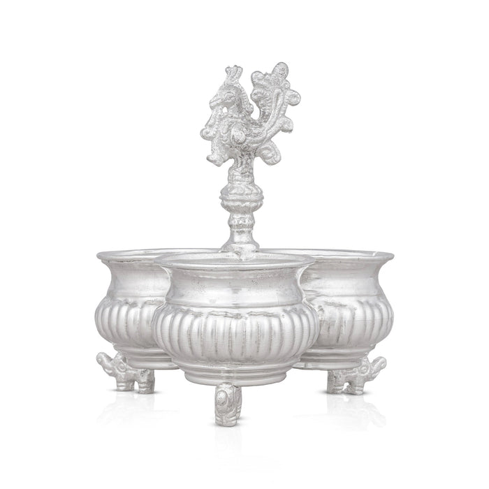 3 Cups Chomukha With Annam Handle- 6x5.5 Inches | White Metal Panchwala With Elephant Leg/Chandan Bowl for Pooja