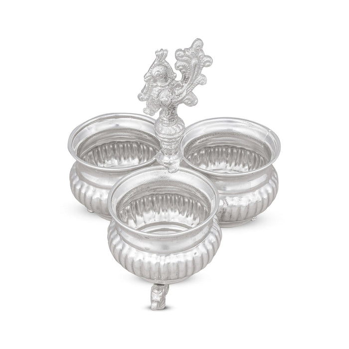 3 Cups Chomukha With Annam Handle- 6x5.5 Inches | White Metal Panchwala With Elephant Leg/Chandan Bowl for Pooja