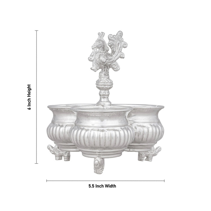 3 Cups Chomukha With Annam Handle- 6x5.5 Inches | White Metal Panchwala With Elephant Leg/Chandan Bowl for Pooja
