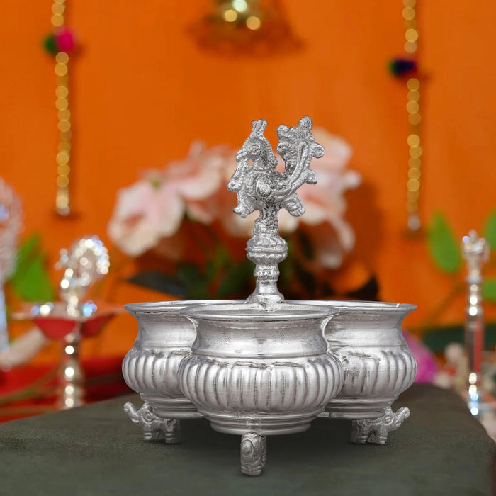 3 Cups Chomukha With Annam Handle- 6x5.5 Inches | White Metal Panchwala With Elephant Leg/Chandan Bowl for Pooja