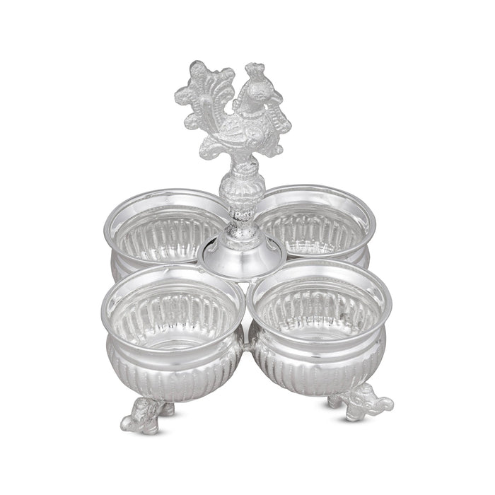 4 Cups Chomukha With Annam Handle-6.5x4.5 Inches | White Metal Panchwala With Elephant Leg/Chandan Bowl for Pooja