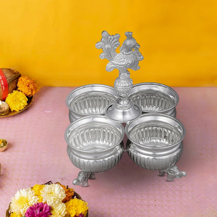 4 Cups Chomukha With Annam Handle-6.5x4.5 Inches | White Metal Panchwala With Elephant Leg/Chandan Bowl for Pooja