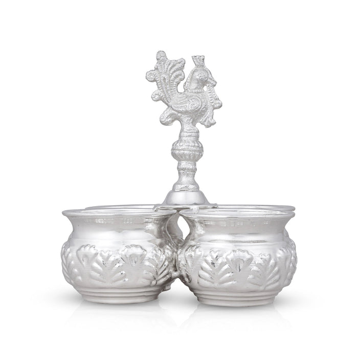 4 Cups Chomukha With Annam Handle- 6 x 5 Inches | White Metal Panchwala With Elephant Leg/Chandan Bowl for Pooja
