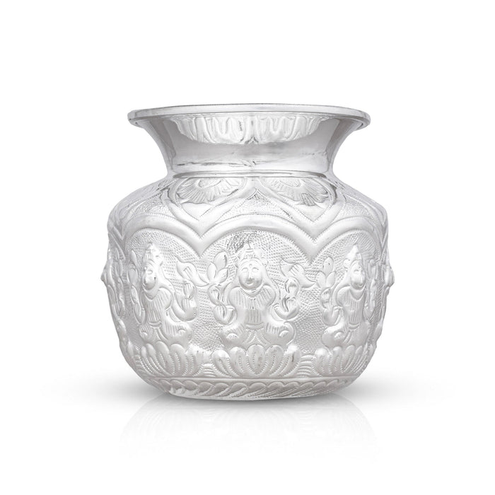 Ashtalakshmi Design Lota - 5.5 x 4.5 Inches | White Metal Chombu/ Kalash/ Pooja Pot for Home