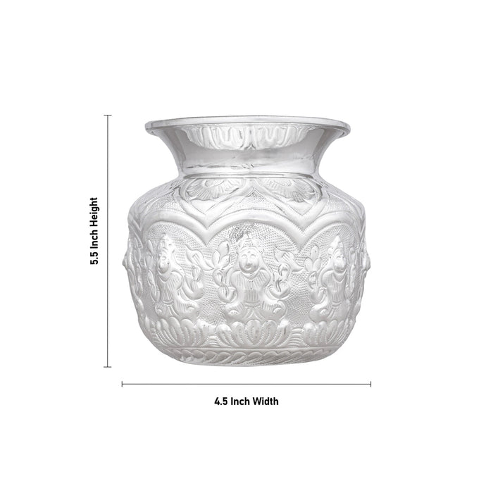 Ashtalakshmi Design Lota - 5.5 x 4.5 Inches | White Metal Chombu/ Kalash/ Pooja Pot for Home