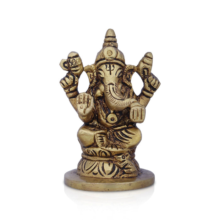 Ganesha Statue Sitting On Base - 3 x 2.25 Inches | Antique Brass Idol/ Vinayaka Idol/ Ganapathy Idol for Pooja