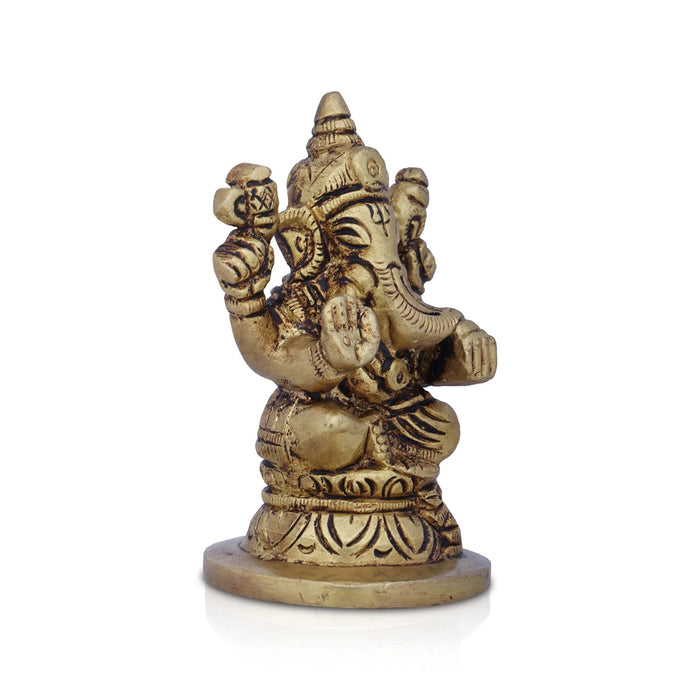 Ganesha Statue Sitting On Base - 3 x 2.25 Inches | Antique Brass Idol/ Vinayaka Idol/ Ganapathy Idol for Pooja