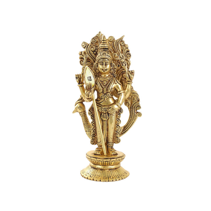 Murugan Statue Standing On Base - 10 x 5 Inches | Antique Brass Idol/ Kartikeya Statue With Peacock for Pooja