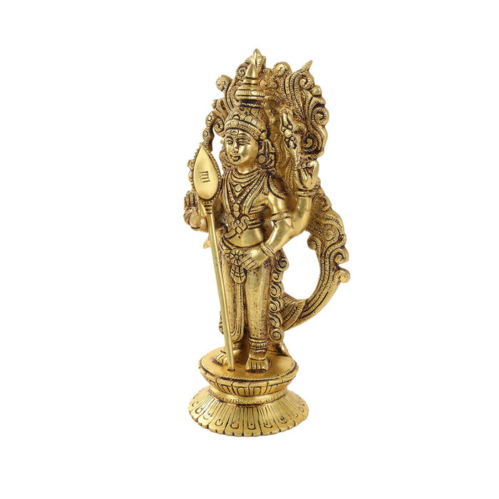 Murugan Statue Standing On Base - 10 x 5 Inches | Antique Brass Idol/ Kartikeya Statue With Peacock for Pooja