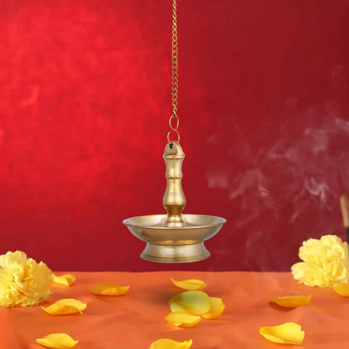 Hanging Lamp With Chain - 5.5 x 4.75 Inches | Brass Lamp/ Hanging Diya/ Thooku Vilakku for Pooja