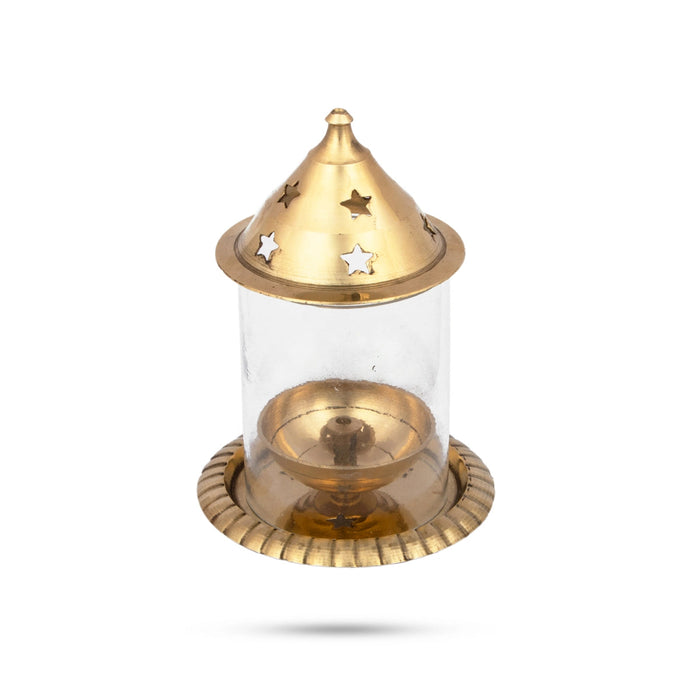 Udupi Lamp With Glass - 5 x 3 Inches | Brass Lamp/ Brass Deepam/ Brass Vilakku for Pooja