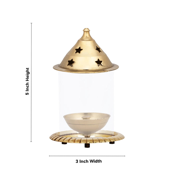 Udupi Lamp With Glass - 5 x 3 Inches | Brass Lamp/ Brass Deepam/ Brass Vilakku for Pooja