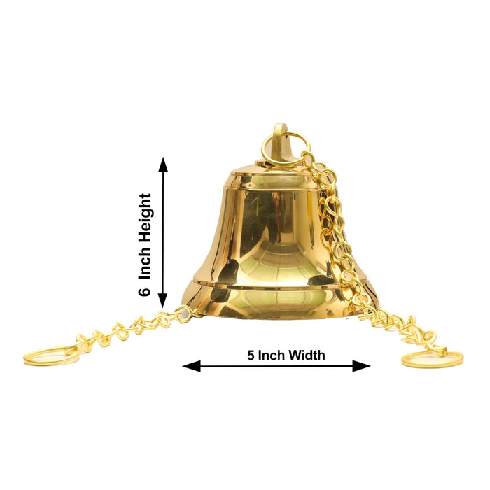 Hanging Bell With Chain - 6 x 5 Inches | Brass Bell/ Temple Bell/ Pooja Bell for Hanging