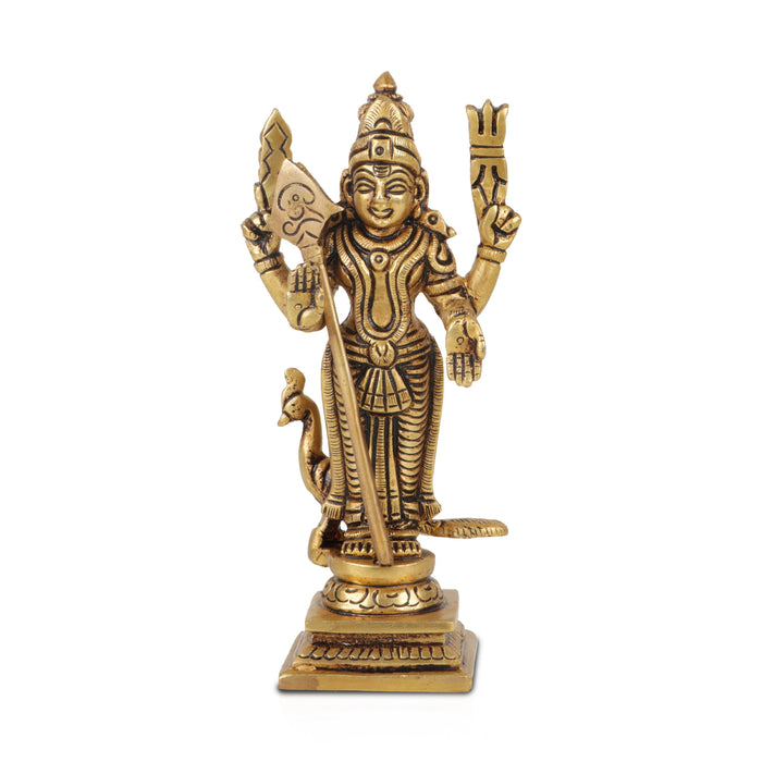 Murugan Statue Standing On Base - 6 x 3 Inches | Antique Brass Idol/ Kartikeya Statue For Devotional Worship