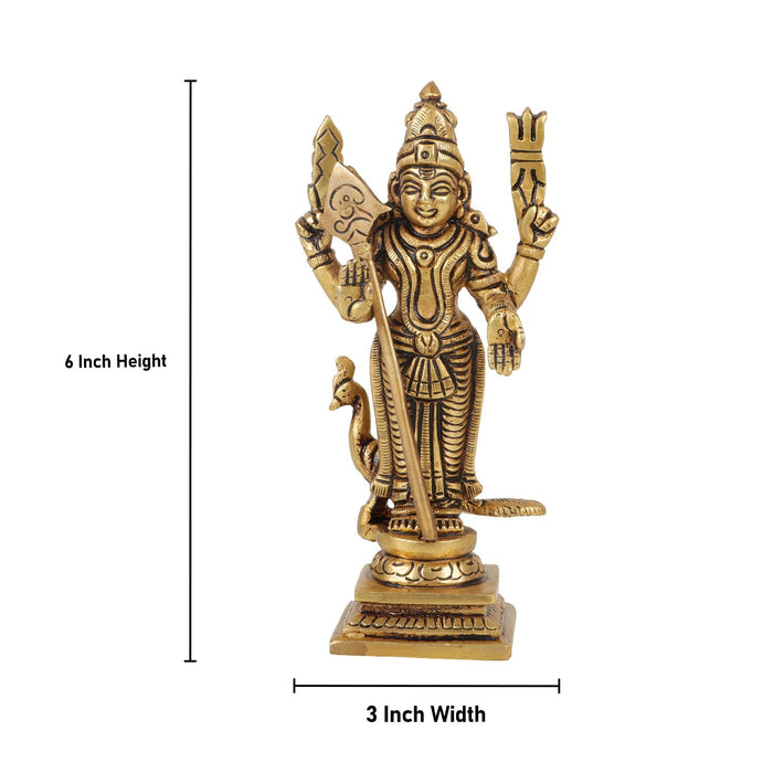 Murugan Statue Standing On Base - 6 x 3 Inches | Antique Brass Idol/ Kartikeya Statue For Devotional Worship