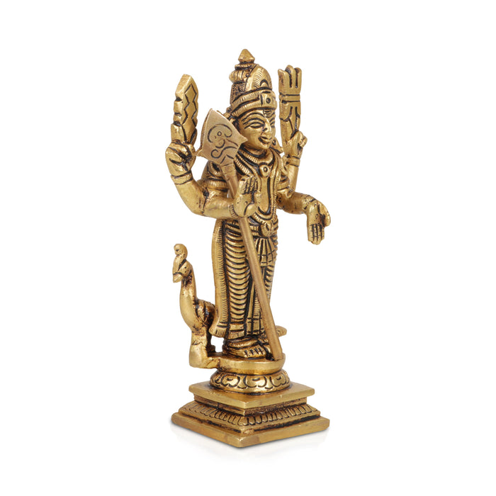 Murugan Statue Standing On Base - 6 x 3 Inches | Antique Brass Idol/ Kartikeya Statue For Devotional Worship